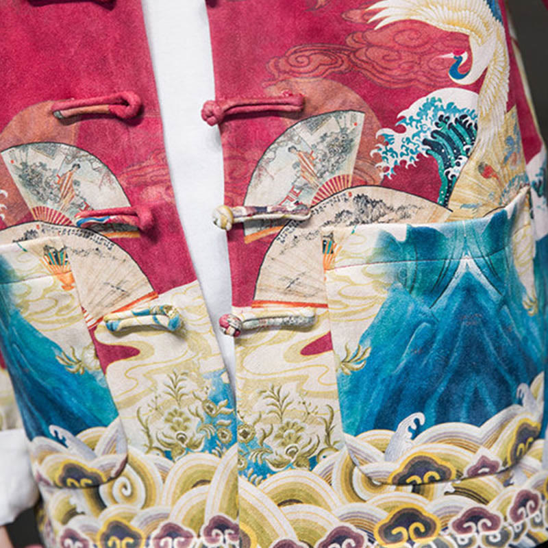 Buddha Stones, Frosch-Knopf, chinesischer Tang-Anzug, Kranich-Charakter, langes Hemd, Baumwolle, Wildleder, Herrenjacke, Kleidung - image 25