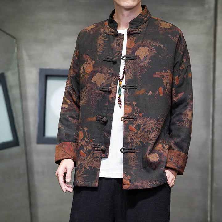 Buddha Stones ​​Frosch-Knopf Chinesischer Tang Anzug Langes Hemd Baumwolle Männer Jacke Kleidung - Schwarz - US/ UK/AU46，EU56 (5XL) - image 1
