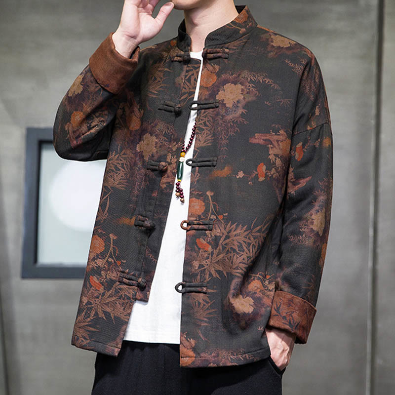 Buddha Stones ​​Frosch-Knopf Chinesischer Tang Anzug Langes Hemd Baumwolle Männer Jacke Kleidung - image 7