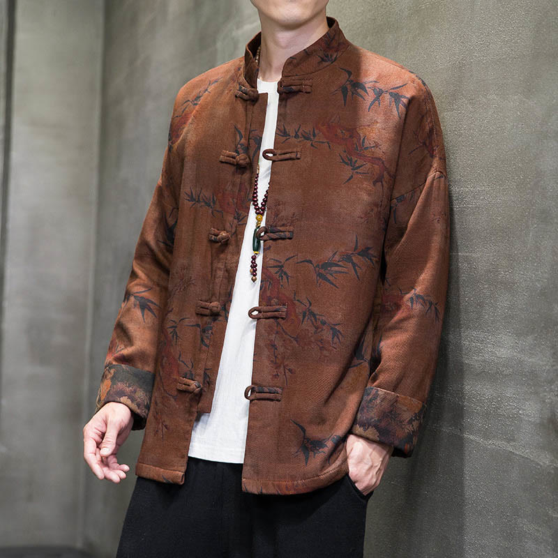 Buddha Stones ​​Frosch-Knopf Chinesischer Tang Anzug Langes Hemd Baumwolle Männer Jacke Kleidung - Dunkelgoldenrod - US/ UK/AU46, EU56 (5XL) - image 10