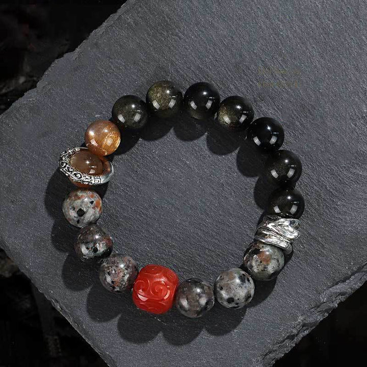 Buddha Stones Goldglanz Obsidian Lavastein Roter Achat Schutzarmband