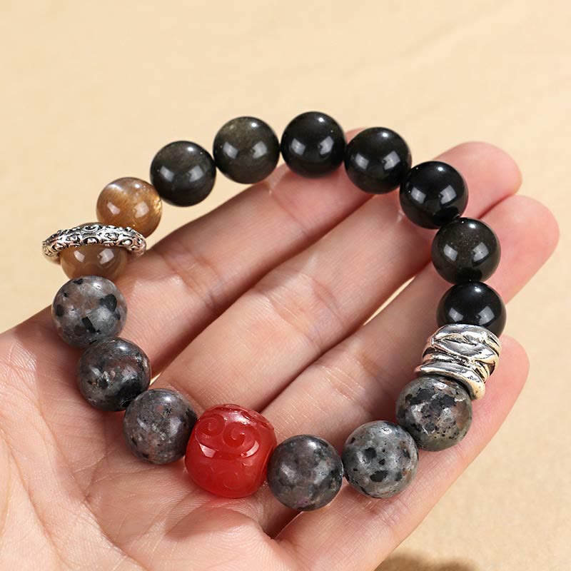 Buddha Stones Goldglanz Obsidian Lavastein Roter Achat Schutzarmband