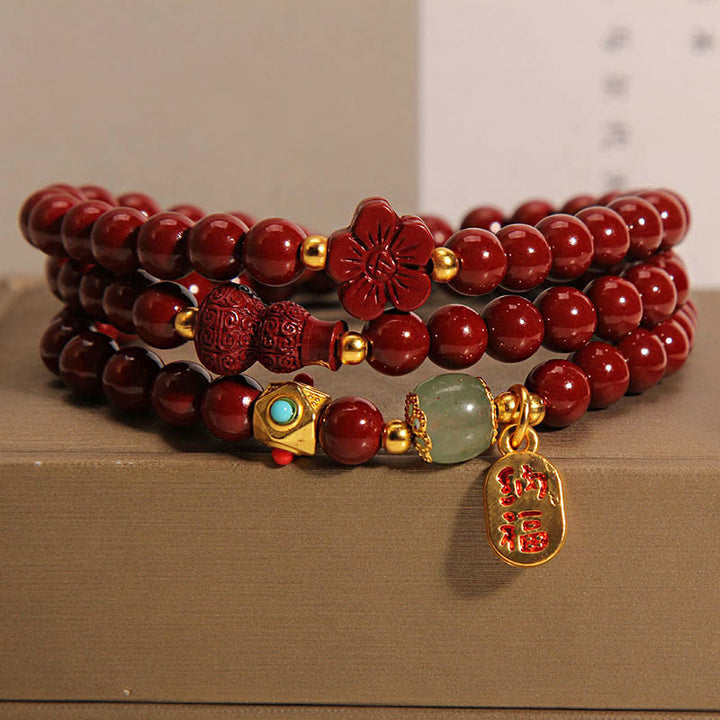 Buddha Stones Zinnober Fu Charakter Blume Kürbis Dreifach wickeln Segen Armband