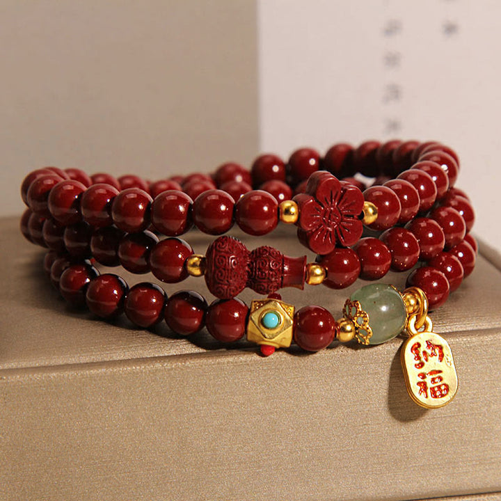 Buddha Stones Zinnober Fu Charakter Blume Kürbis Dreifach wickeln Segen Armband