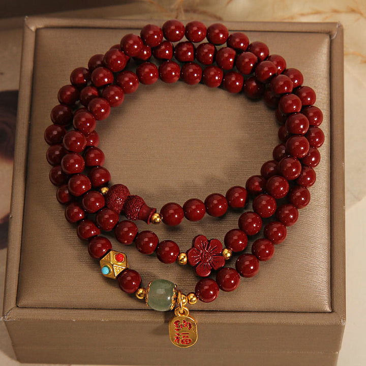 Buddha Stones Zinnober Fu Charakter Blume Kürbis Dreifach wickeln Segen Armband