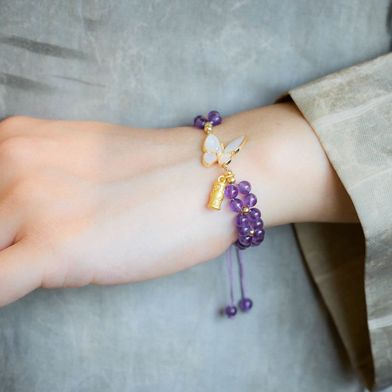 Buddha Stones, Amethyst, Schmetterling, Bambus, Balance, lindert Stress, geflochtenes Schnurarmband