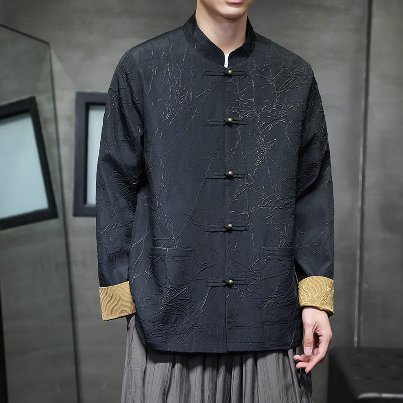 Buddha Stones Tang-Anzug, lässig, Froschknopf, langärmelig, Nylon, Herrenjacke, Hemd, Kleidung - Schwarz - US/ UK/AU46，EU56 (5XL) - image 1