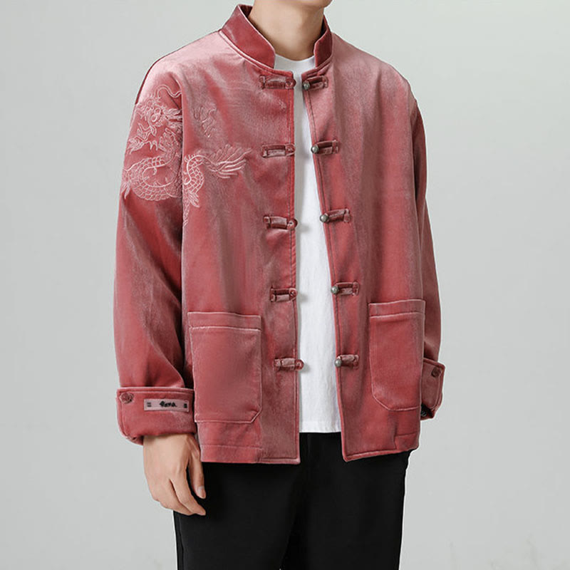 Buddha Stones ​​besticken Drachen Casual Frosch-Knopf Baumwolle Herren Jacke Hemd Kleidung - image 2