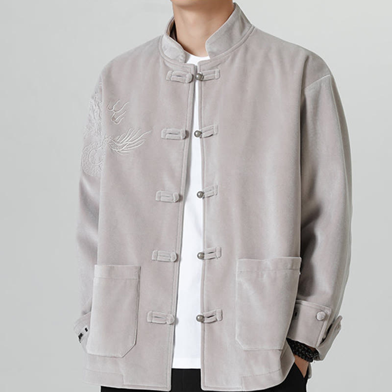 Buddha Stones ​​besticken Drachen Casual Frosch-Knopf Baumwolle Herren Jacke Hemd Kleidung - Silber - US/ UK/AU46，EU56 (5XL) - image 11