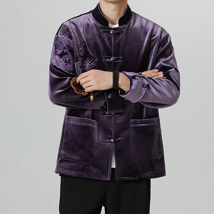 Buddha Stones ​​besticken Drachen Casual Frosch-Knopf Baumwolle Herren Jacke Hemd Kleidung - image 35