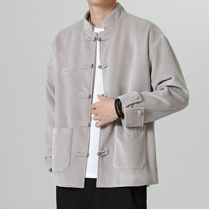 Buddha Stones ​​besticken Drachen Casual Frosch-Knopf Baumwolle Herren Jacke Hemd Kleidung - image 14