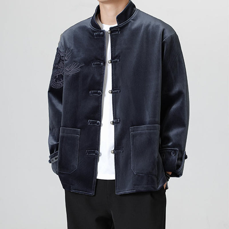 Buddha Stones ​​besticken Drachen Casual Frosch-Knopf Baumwolle Herren Jacke Hemd Kleidung - Mitternachtsblau - US/ UK/AU46, EU56 (5XL) - image 25