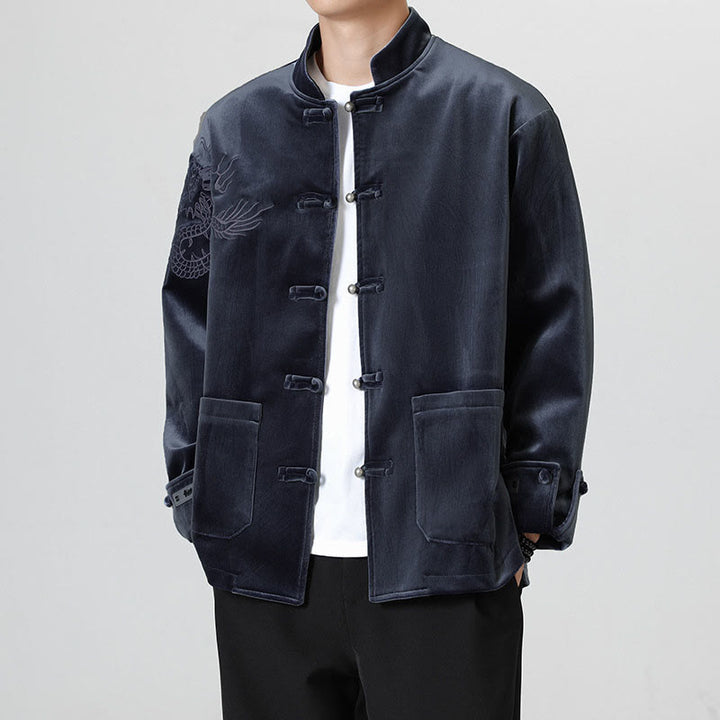 Buddha Stones ​​besticken Drachen Casual Frosch-Knopf Baumwolle Herren Jacke Hemd Kleidung - image 27