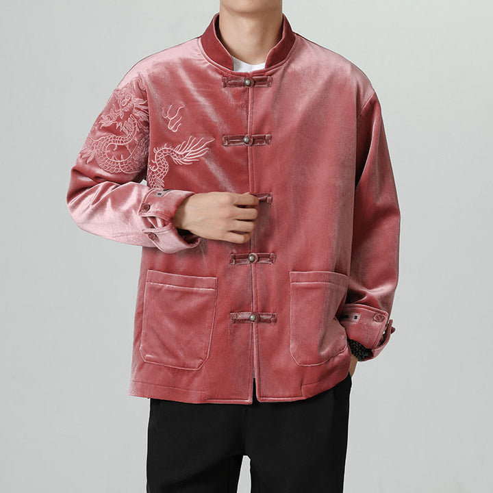 Buddha Stones ​​besticken Drachen Casual Frosch-Knopf Baumwolle Herren Jacke Hemd Kleidung - image 5