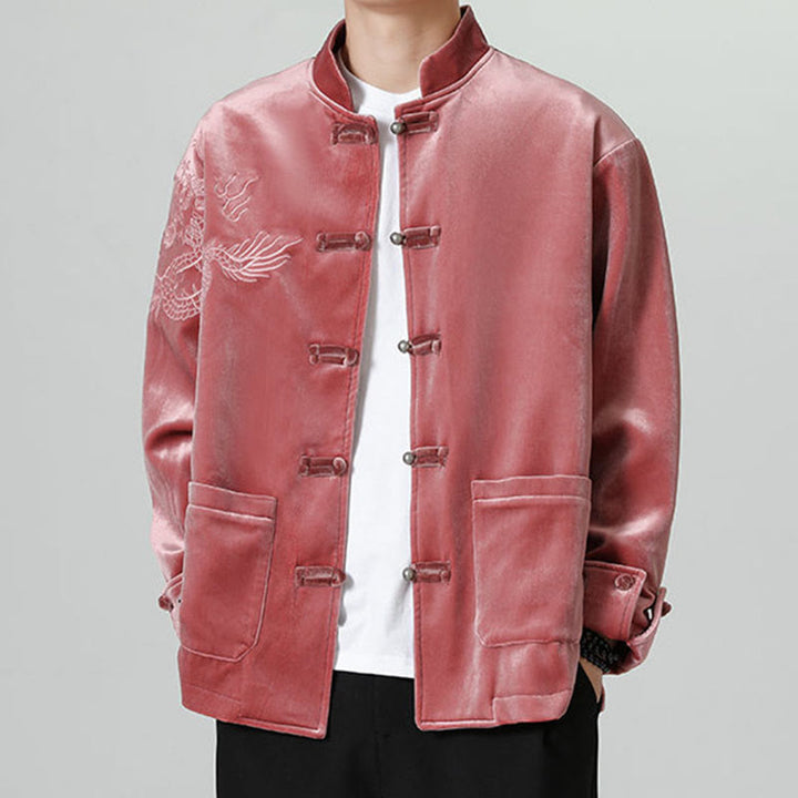 Buddha Stones ​​besticken Drachen Casual Frosch-Knopf Baumwolle Herren Jacke Hemd Kleidung - Feuerfestziegel - US/ UK/AU46, EU56 (5XL) - image 0