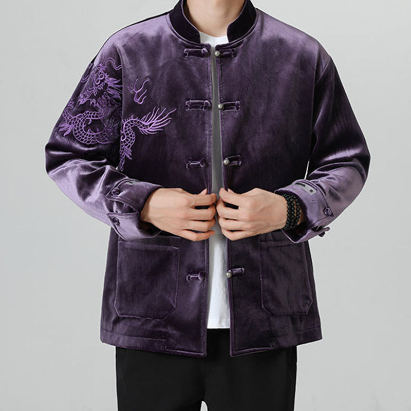 Buddha Stones ​​besticken Drachen Casual Frosch-Knopf Baumwolle Herren Jacke Hemd Kleidung - image 34
