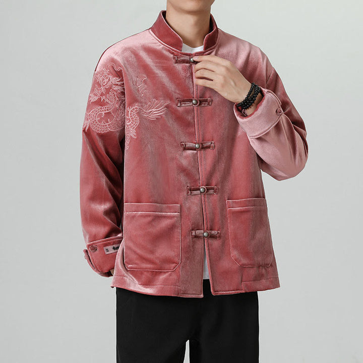 Buddha Stones ​​besticken Drachen Casual Frosch-Knopf Baumwolle Herren Jacke Hemd Kleidung - image 6