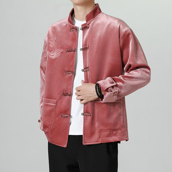 Buddha Stones ​​besticken Drachen Casual Frosch-Knopf Baumwolle Herren Jacke Hemd Kleidung - image 4