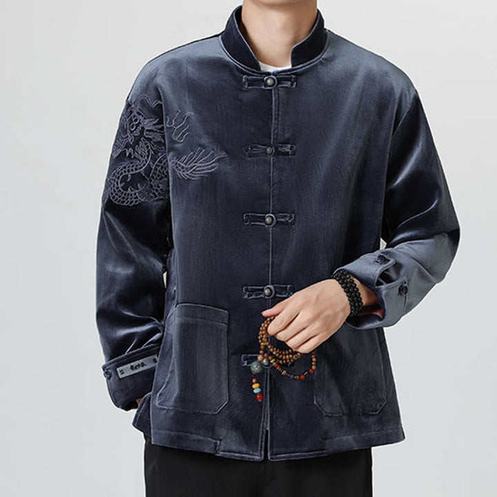 Buddha Stones ​​besticken Drachen Casual Frosch-Knopf Baumwolle Herren Jacke Hemd Kleidung - image 31