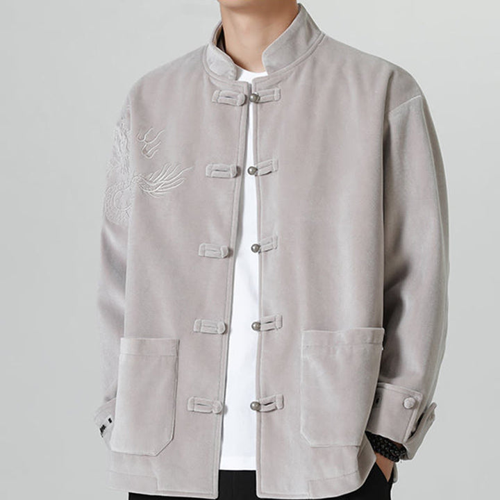 Buddha Stones ​​besticken Drachen Casual Frosch-Knopf Baumwolle Herren Jacke Hemd Kleidung - Silber - US/ UK/AU46, EU56 (5XL) - image 10