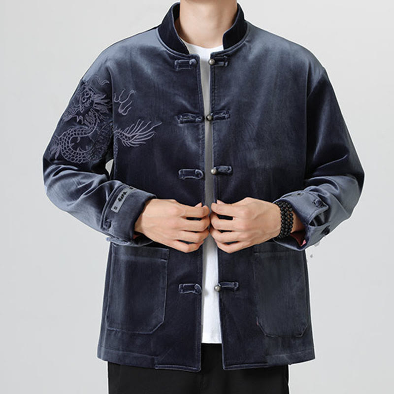 Buddha Stones ​​besticken Drachen Casual Frosch-Knopf Baumwolle Herren Jacke Hemd Kleidung - image 29