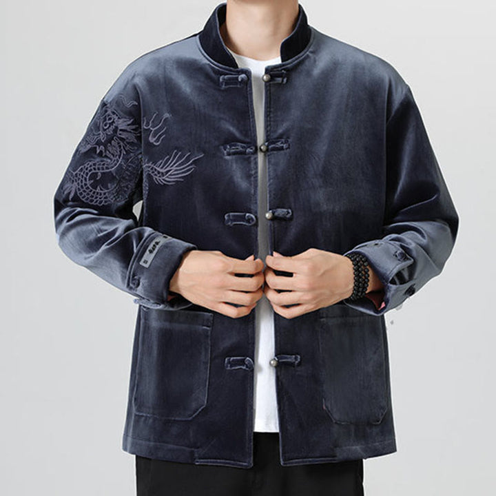 Buddha Stones ​​besticken Drachen Casual Frosch-Knopf Baumwolle Herren Jacke Hemd Kleidung - image 29