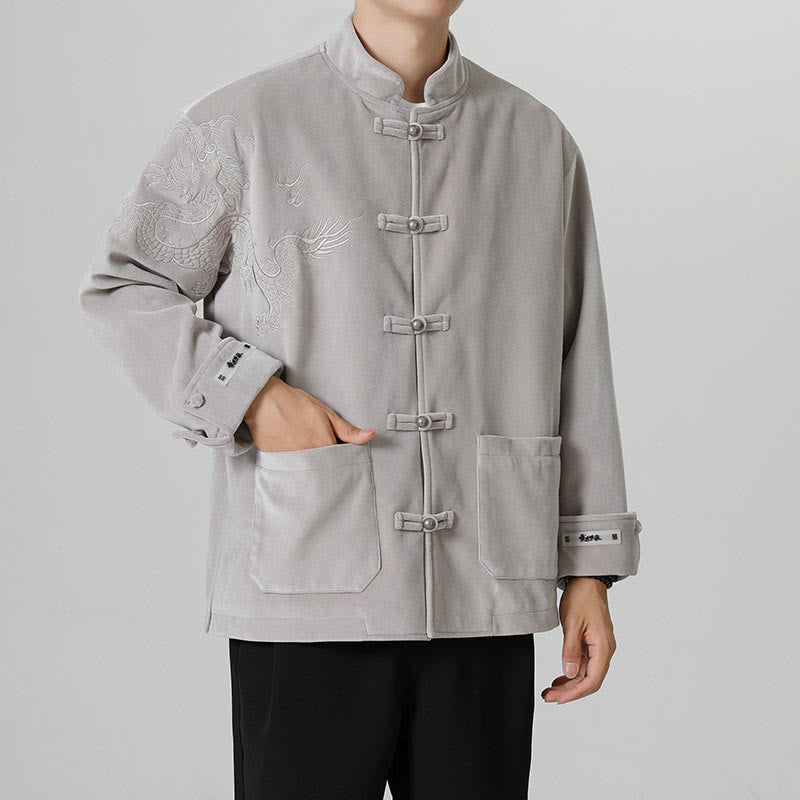 Buddha Stones ​​besticken Drachen Casual Frosch-Knopf Baumwolle Herren Jacke Hemd Kleidung - image 17