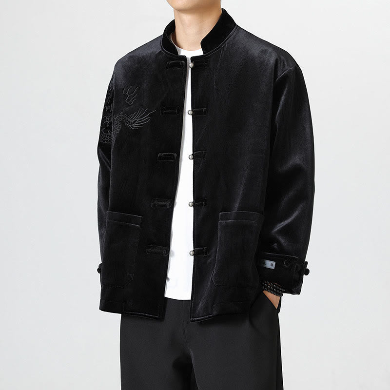 Buddha Stones ​​besticken Drachen Casual Frosch-Knopf Baumwolle Herren Jacke Hemd Kleidung - Schwarz - US/ UK/AU46, EU56 (5XL) - image 18