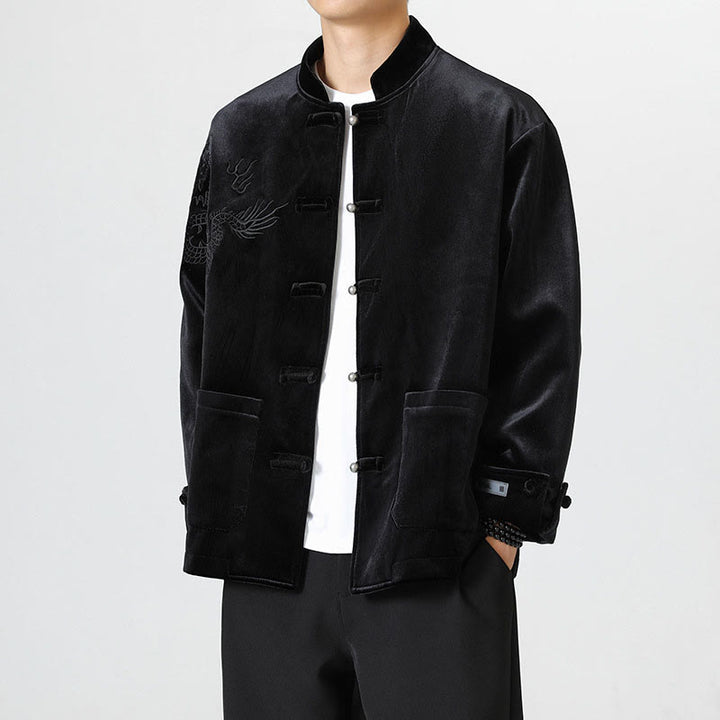 Buddha Stones ​​besticken Drachen Casual Frosch-Knopf Baumwolle Herren Jacke Hemd Kleidung - Schwarz - US/ UK/AU46, EU56 (5XL) - image 18
