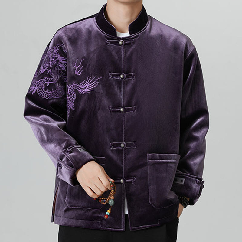 Buddha Stones ​​besticken Drachen Casual Frosch-Knopf Baumwolle Herren Jacke Hemd Kleidung - image 37