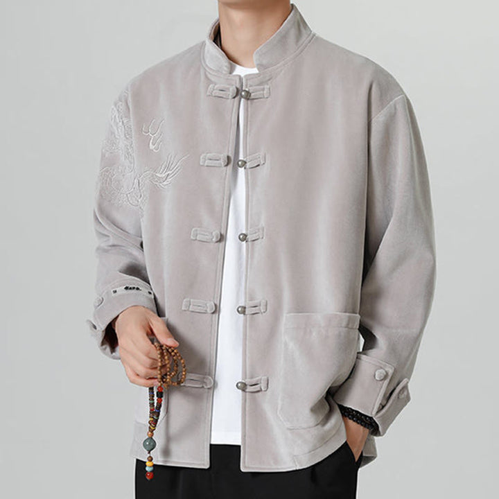 Buddha Stones ​​besticken Drachen Casual Frosch-Knopf Baumwolle Herren Jacke Hemd Kleidung - image 12