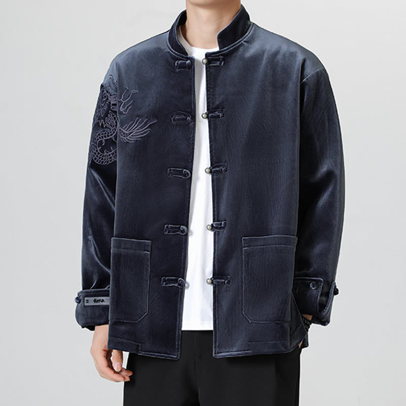 Buddha Stones ​​besticken Drachen Casual Frosch-Knopf Baumwolle Herren Jacke Hemd Kleidung - image 30