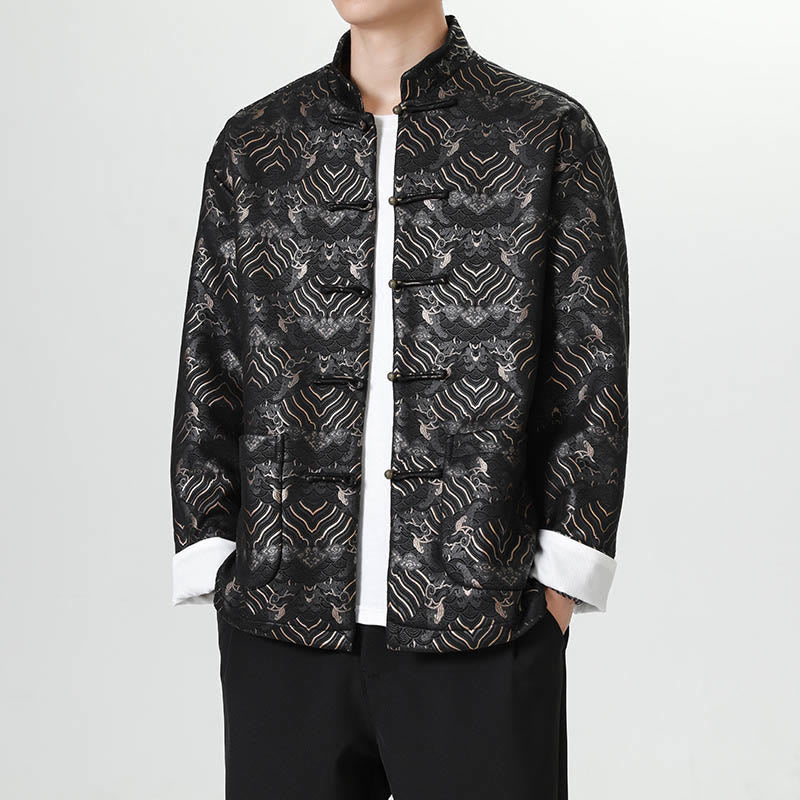 Buddha Stones, Kupfer, Frosch-Knopf, chinesischer Tang-Anzug, Wellenform, langes Hemd, Herrenjacke, Kleidung - Schwarz - US/UK/AU46, EU56 (5XL) - image 0