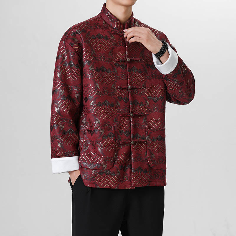 Buddha Stones, Kupfer, Frosch-Knopf, chinesischer Tang-Anzug, Wellenform, langes Hemd, Herrenjacke, Kleidung - Dunkelrot - US/ UK/AU46，EU56 (5XL) - image 7