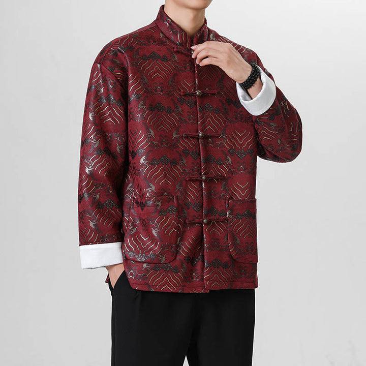 Buddha Stones, Kupfer, Frosch-Knopf, chinesischer Tang-Anzug, Wellenform, langes Hemd, Herrenjacke, Kleidung - Dunkelrot - US/UK/AU46, EU56 (5XL) - image 6