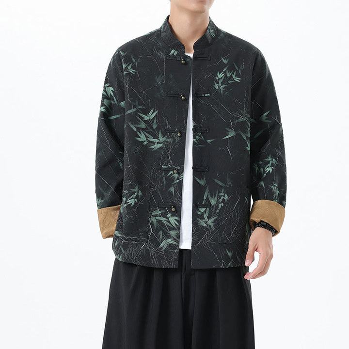 Buddha Stones Printing Bambus Casual Frosch-Knopf Spandex Herren Jacke Hemd Kleidung - Schwarz - US/ UK/AU46，EU56 (5XL) - image 1