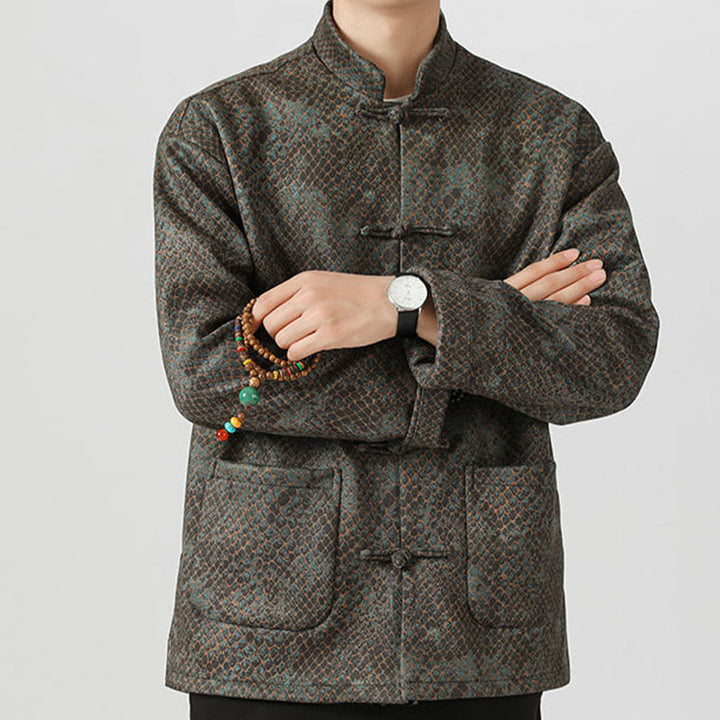 Buddha Stones Casual Wildleder Python Muster Frosch-Knopf Baumwolle Herren Jacke Hemd Kleidung