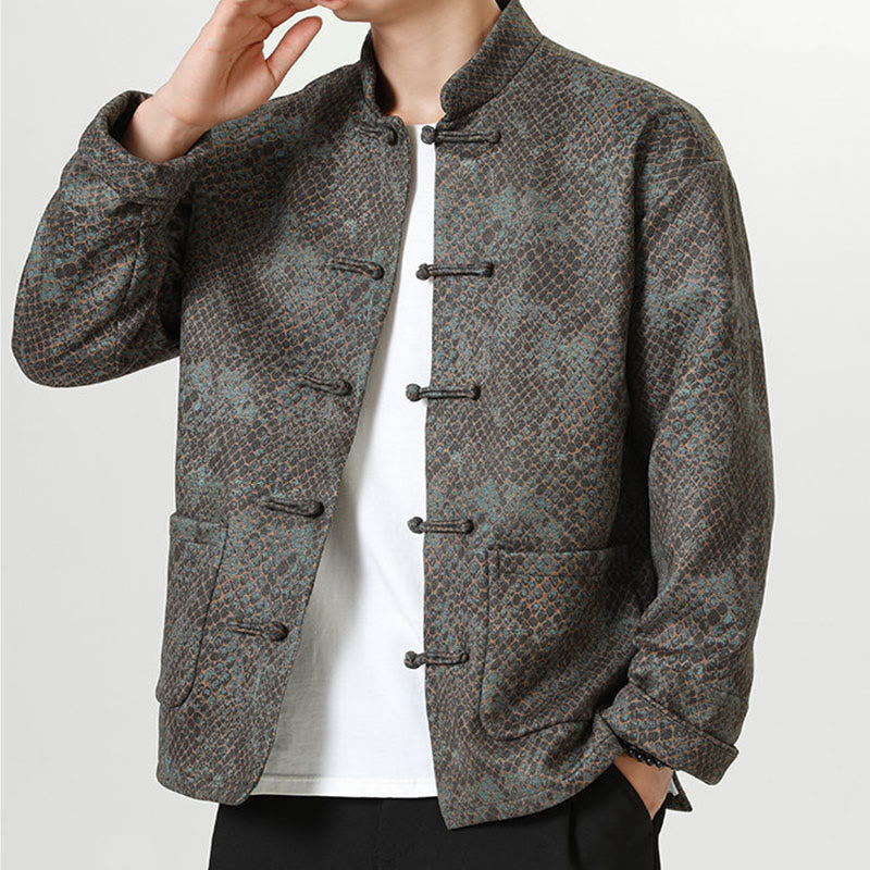 Buddha Stones Casual Wildleder Python Muster Frosch-Knopf Baumwolle Herren Jacke Hemd Kleidung