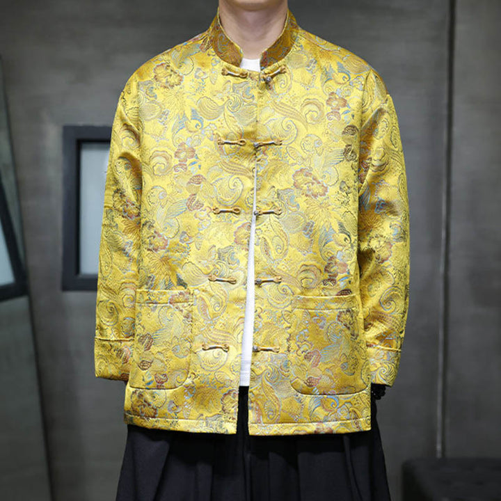 Buddha Stones, Frosch-Knopf, chinesischer Tang-Anzug, Stehkragen, langes Hemd, Herrenjacke, Kleidung - Gold - US/ UK/AU46, EU56 (5XL) - image 17