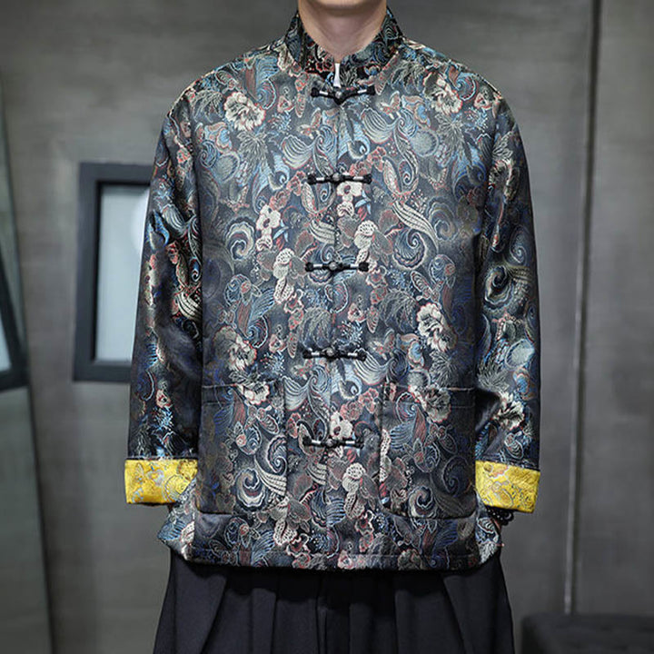 Buddha Stones, Frosch-Knopf, chinesischer Tang-Anzug, Stehkragen, langes Hemd, Herrenjacke, Kleidung - Königsblau - US/ UK/AU46, EU56 (5XL) - image 0