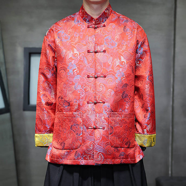 Buddha Stones, Frosch-Knopf, chinesischer Tang-Anzug, Stehkragen, langes Hemd, Herrenjacke, Kleidung - Orangerot - US/ UK/AU46, EU56 (5XL) - image 7