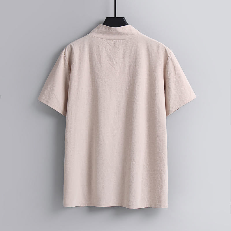 Buddha Stones Lockeres Herren-T-Shirt Einfarbiges Oberteil Kurzarm V-Kragen Atmungsaktives Leinenhemd - image 5