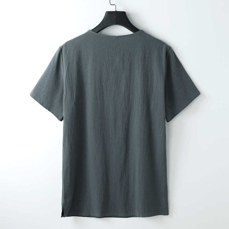 Buddha Stones Herren-T-Shirt, einfarbig, kurzärmlig, V-Kragen, drei Knöpfe, weiches Baumwollhemd - image 1