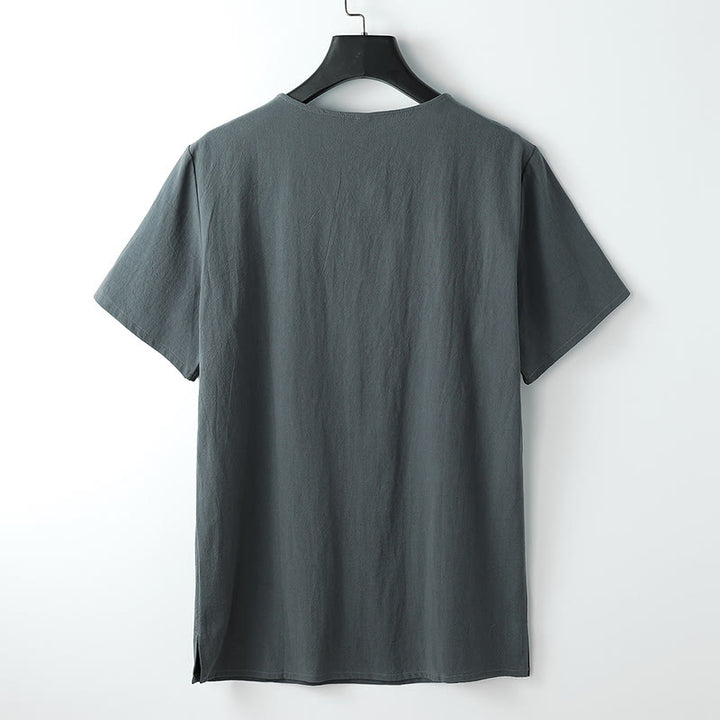 Buddha Stones Herren-T-Shirt, einfarbig, kurzärmlig, V-Kragen, drei Knöpfe, weiches Baumwollhemd - image 1