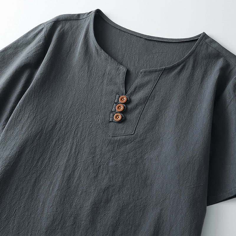 Buddha Stones Herren-T-Shirt, einfarbig, kurzärmlig, V-Kragen, drei Knöpfe, weiches Baumwollhemd - image 2