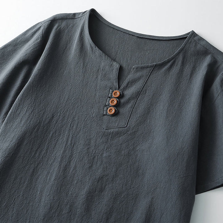 Buddha Stones Herren-T-Shirt, einfarbig, kurzärmlig, V-Kragen, drei Knöpfe, weiches Baumwollhemd - image 2