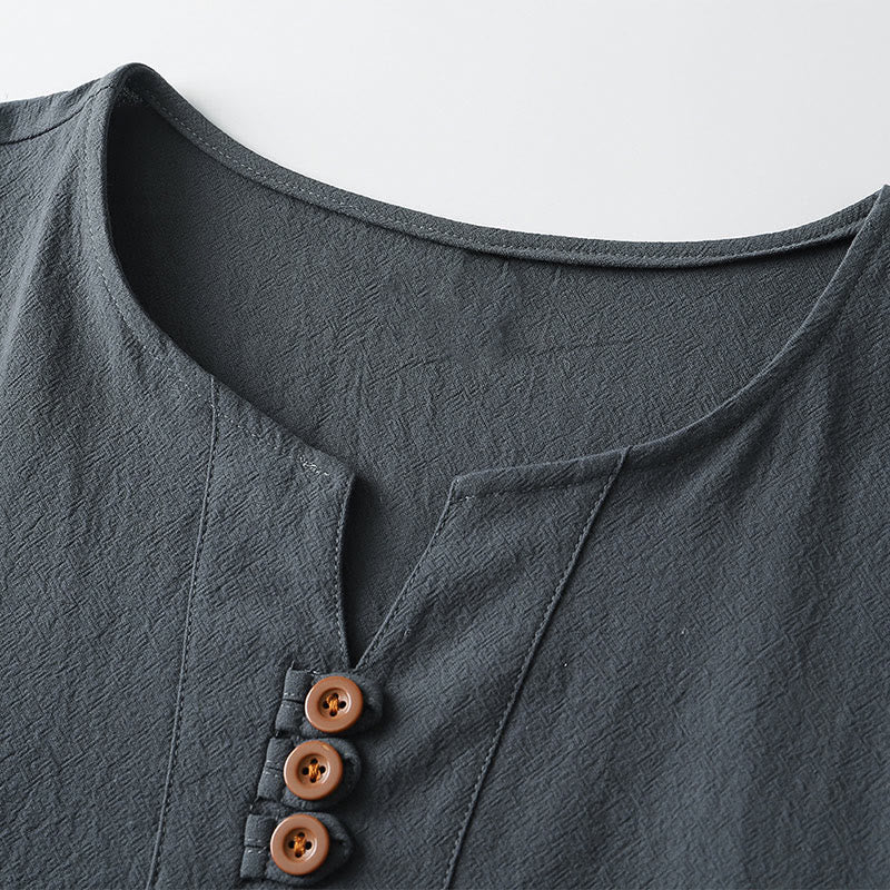 Buddha Stones Herren-T-Shirt, einfarbig, kurzärmlig, V-Kragen, drei Knöpfe, weiches Baumwollhemd - image 3