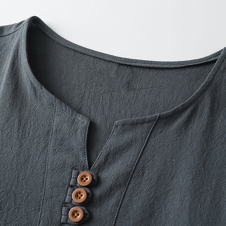 Buddha Stones Herren-T-Shirt, einfarbig, kurzärmlig, V-Kragen, drei Knöpfe, weiches Baumwollhemd - image 3