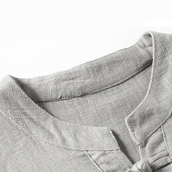 Buddha Stones Lockeres Herrenhemd, einfarbig, gekerbter Kragen, kurzärmlig, bequem, mit Knopfleiste, atmungsaktives Baumwoll-Leinen-Hemd - image 6