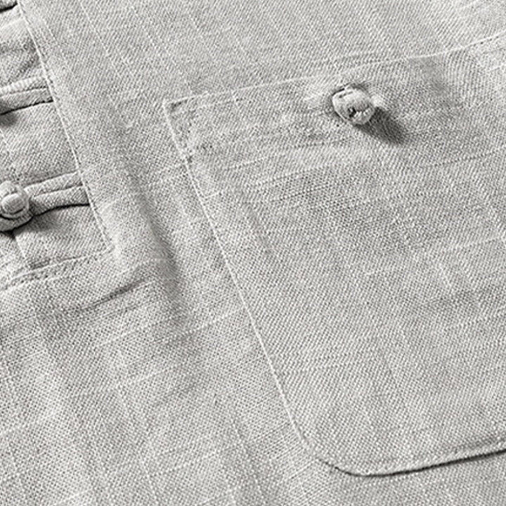 Buddha Stones Lockeres Herrenhemd, einfarbig, gekerbter Kragen, kurzärmlig, bequem, mit Knopfleiste, atmungsaktives Baumwoll-Leinen-Hemd - image 9